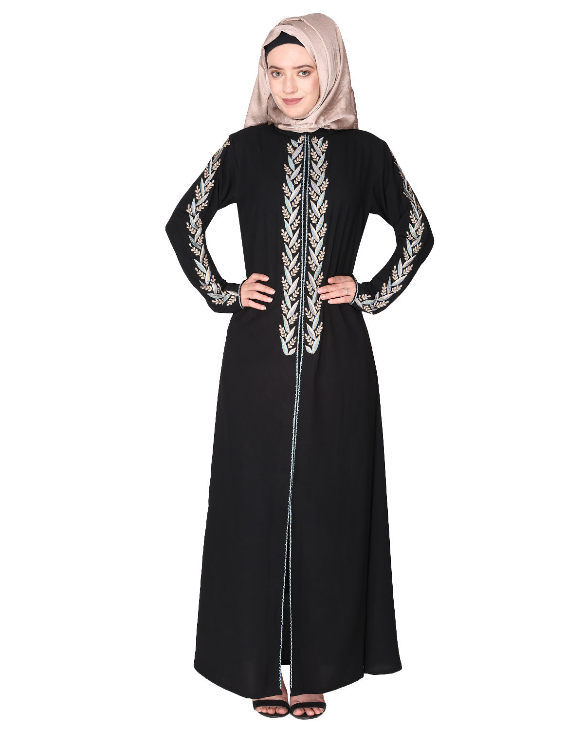 Exclusive abaya with turquoise and Gold Leaf Embroidery Black