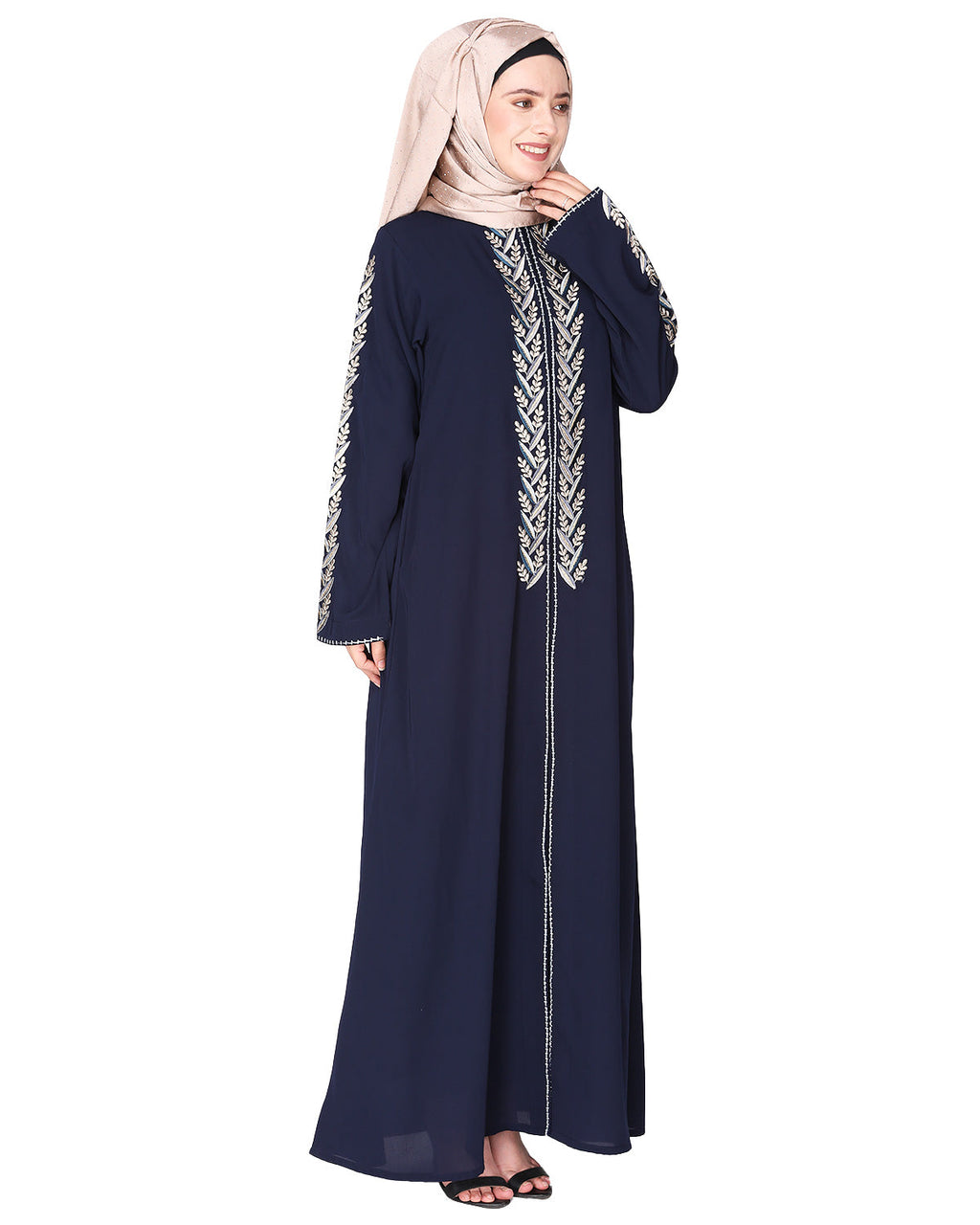 Exclusive abaya with turquoise and Gold Leaf Embroidery Blue