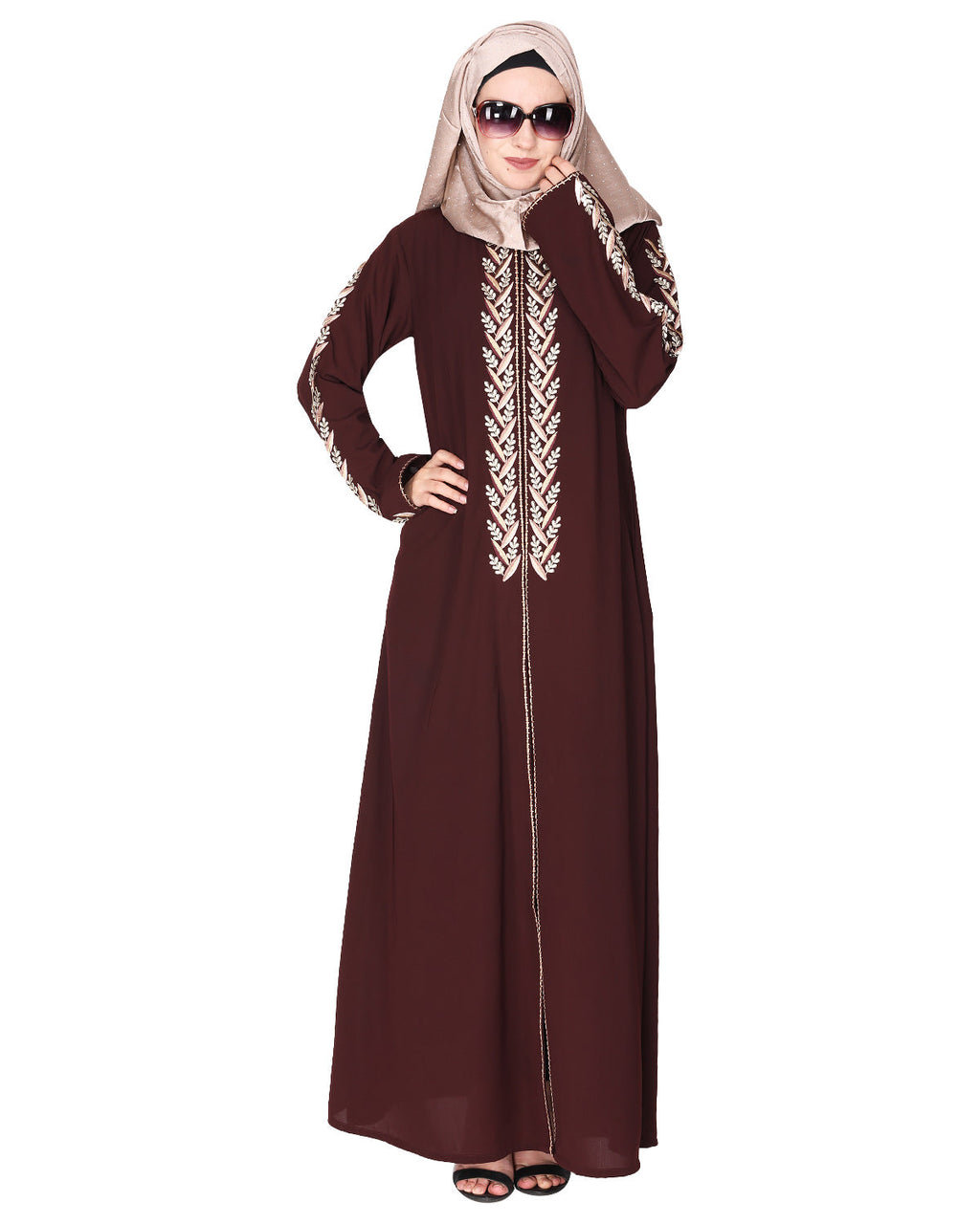 Exclusive abaya with turquoise and Gold Leaf Embroidery Dark Brown