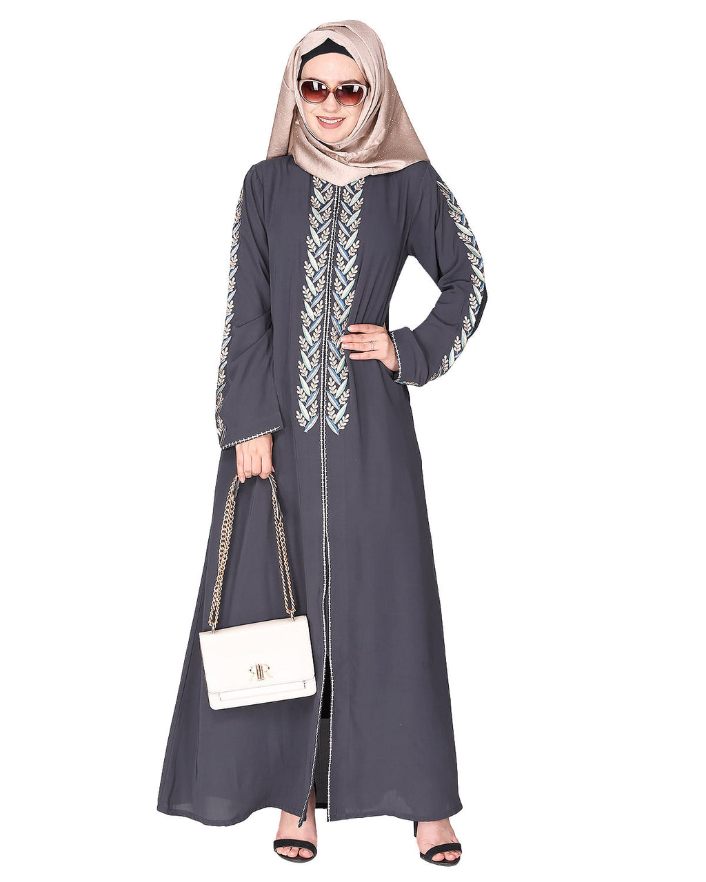 Exclusive abaya with turquoise and Gold Leaf Embroidery Dark Grey