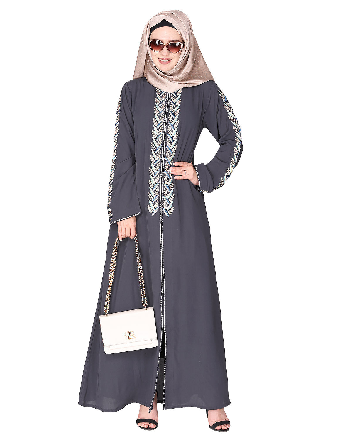 Exclusive abaya with turquoise and Gold Leaf Embroidery Dark Grey