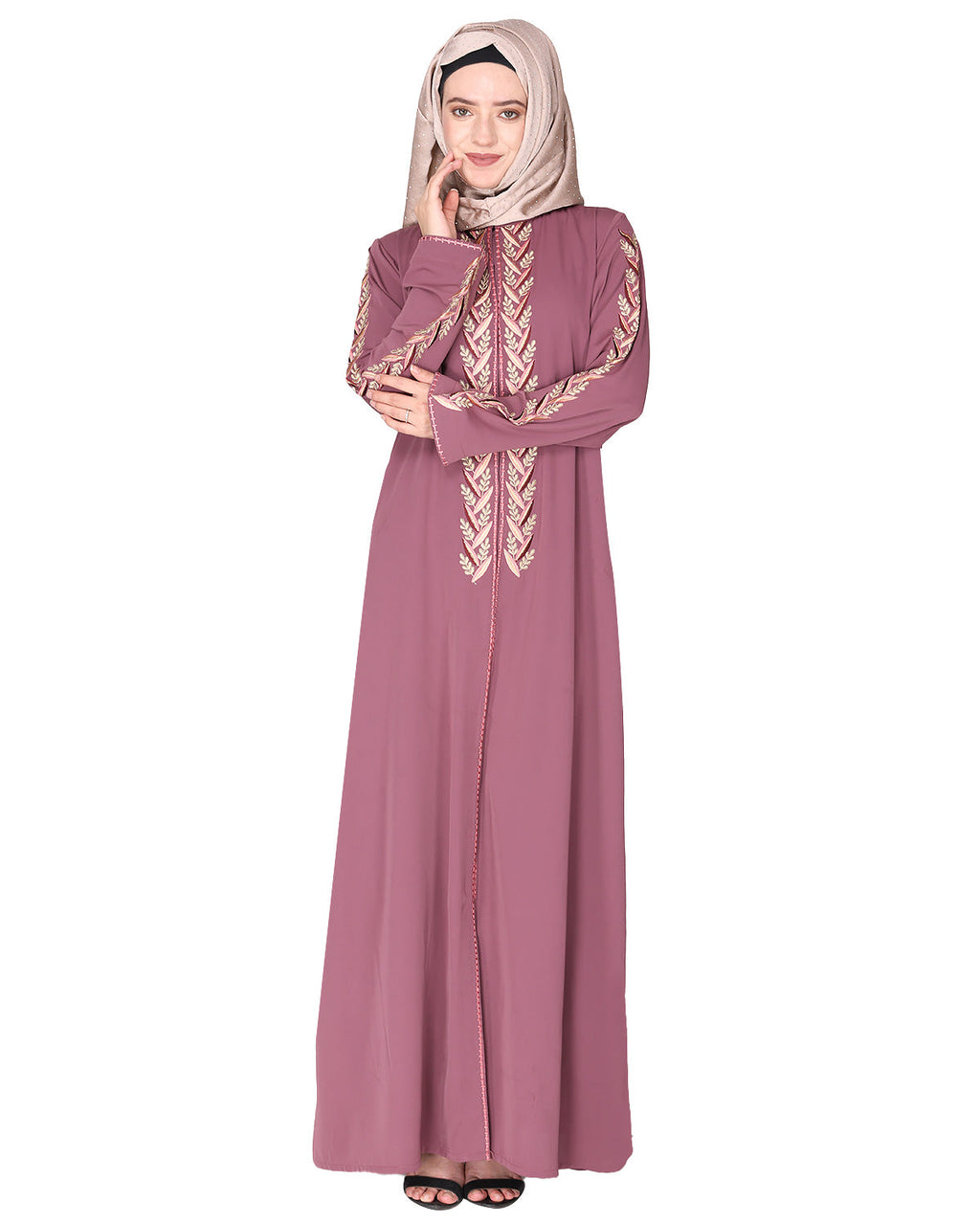 Exclusive abaya with turquoise and Gold Leaf Embroidery Onion Pink