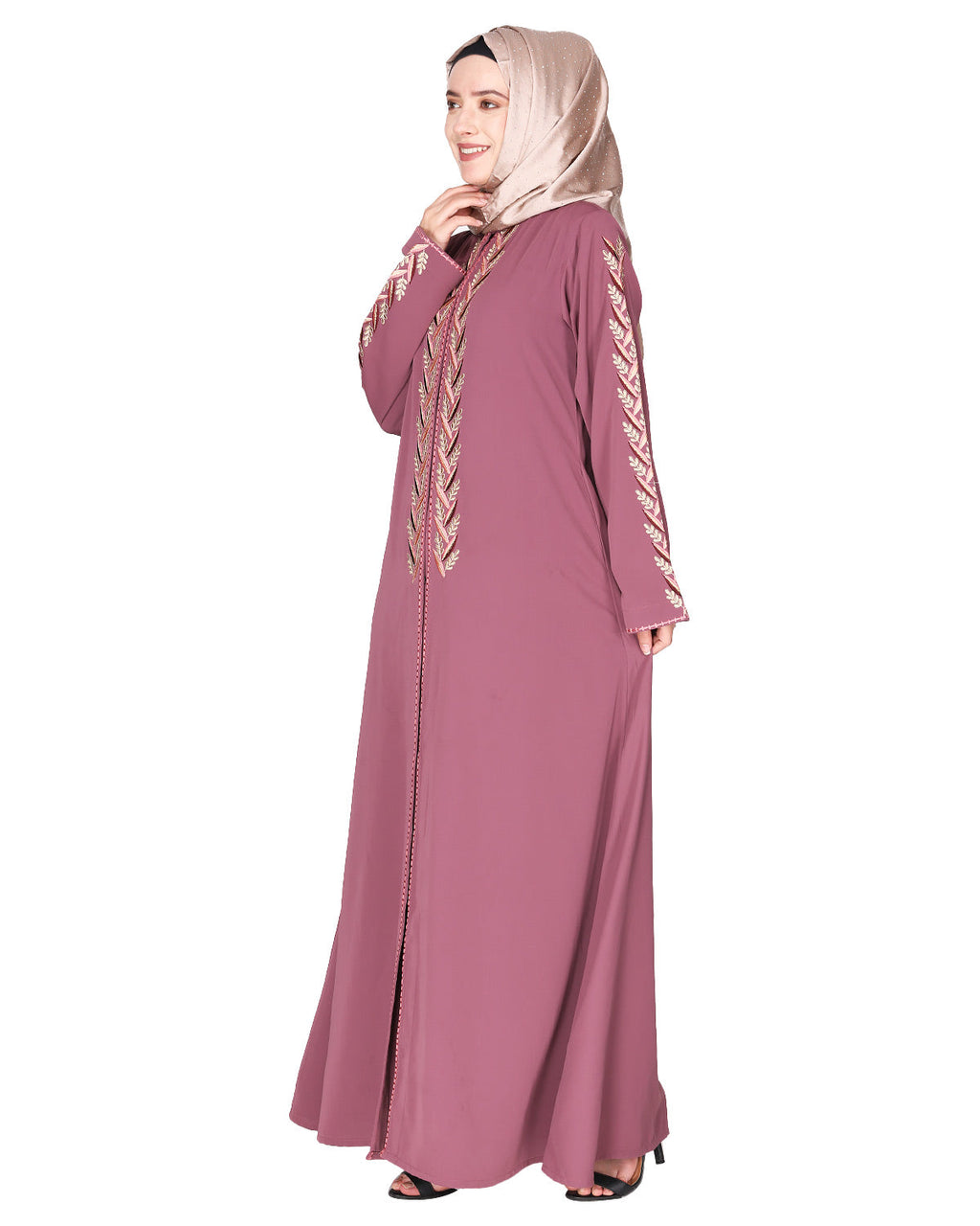 Exclusive abaya with turquoise and Gold Leaf Embroidery Onion Pink