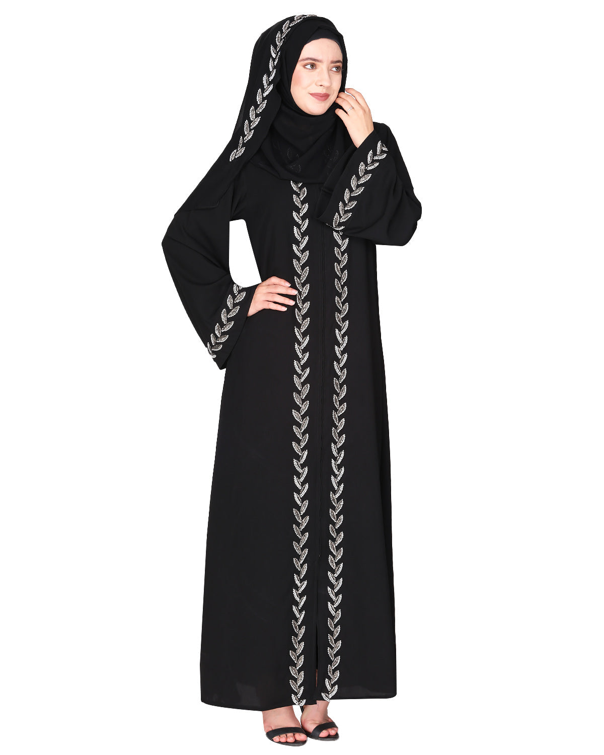 Extraordinary Pearl Drop leaves abaya Black