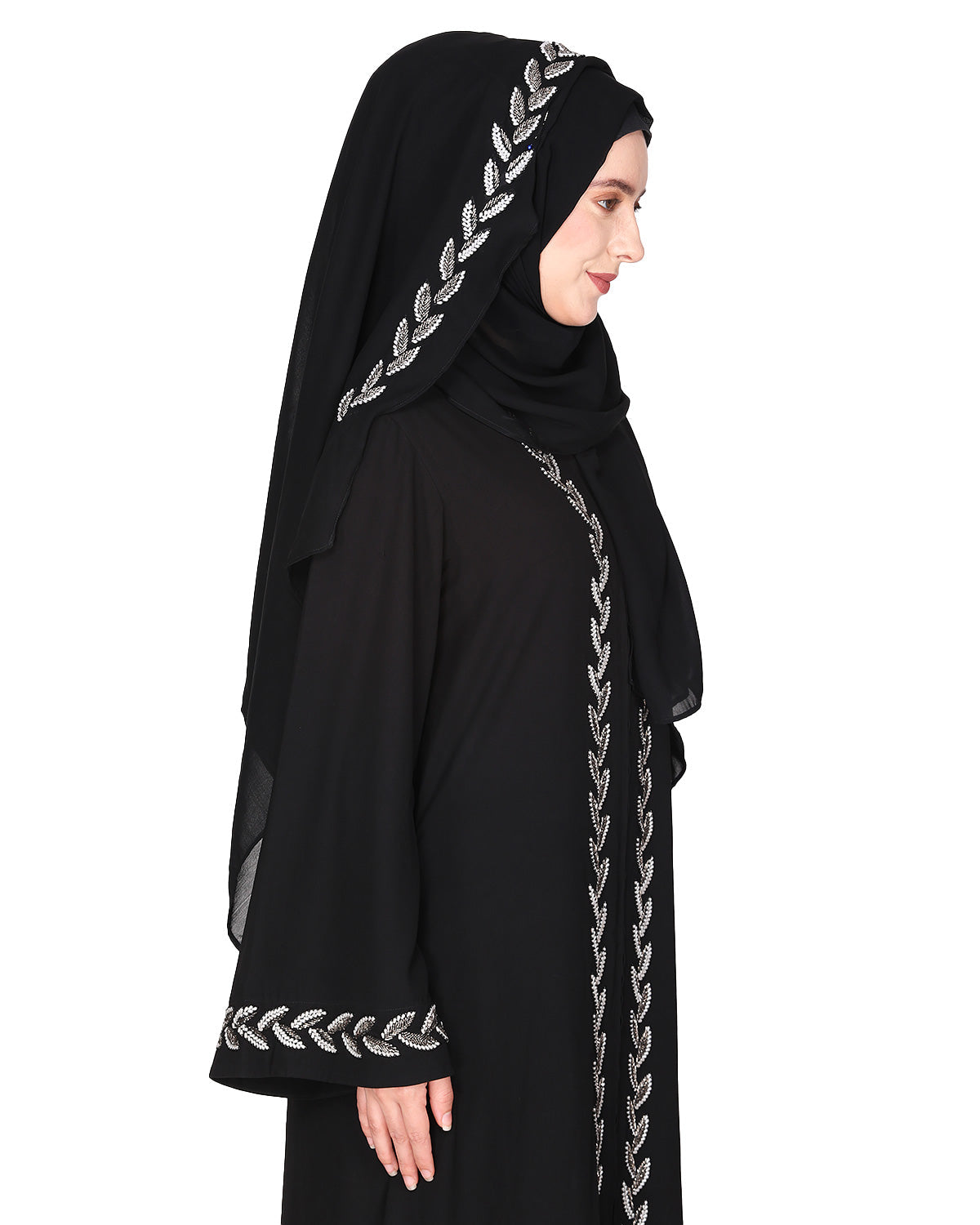 Extraordinary Pearl Drop leaves abaya Black