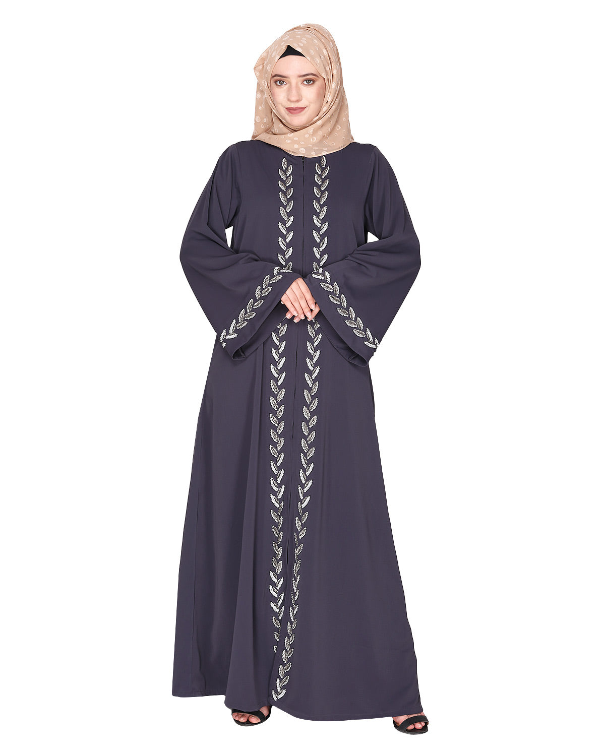 Extraordinary Pearl Drop leaves abaya Dark Grey