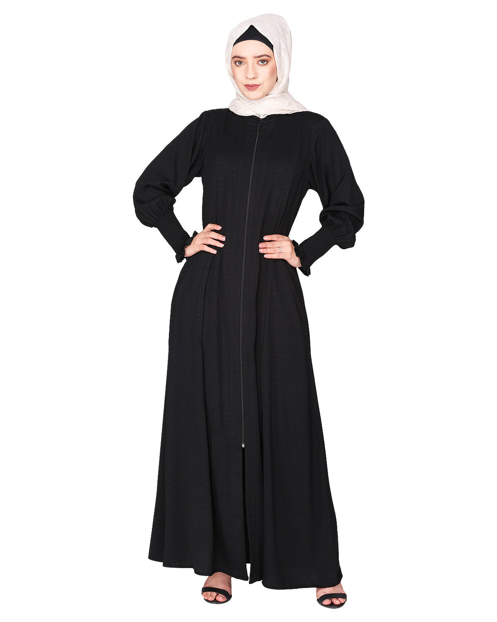 Black Seersucker Nida Abaya with Elastic Sleeves Black