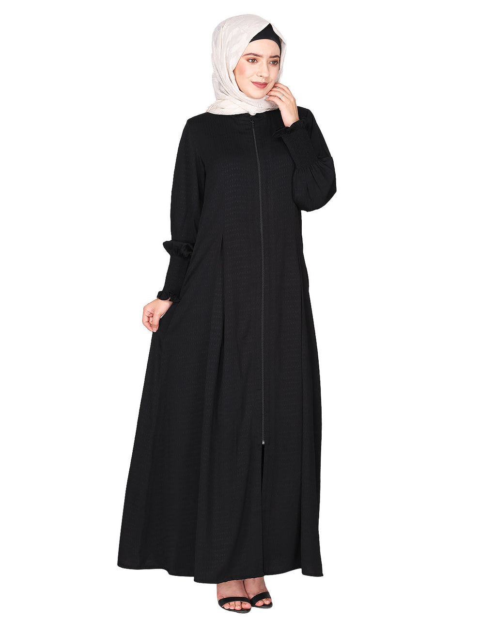 Black Seersucker Nida Abaya with Elastic Sleeves Black
