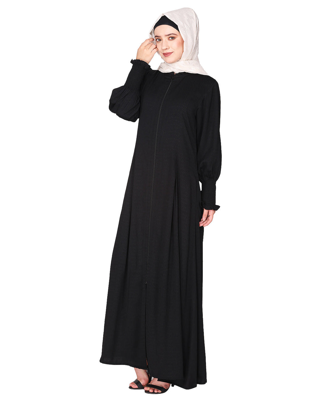 Black Seersucker Nida Abaya with Elastic Sleeves Black