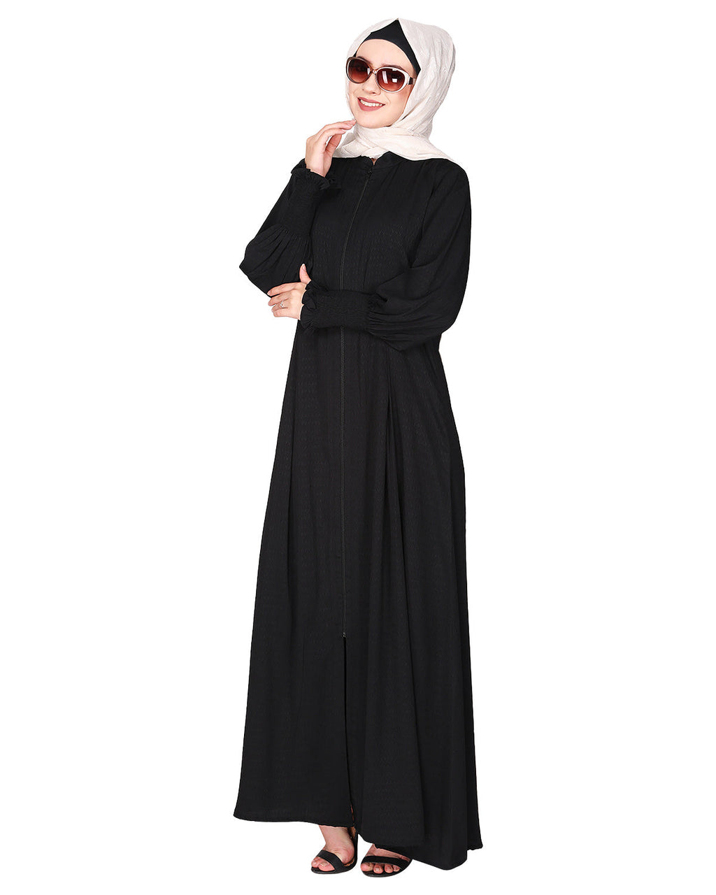 Black Seersucker Nida Abaya with Elastic Sleeves Black