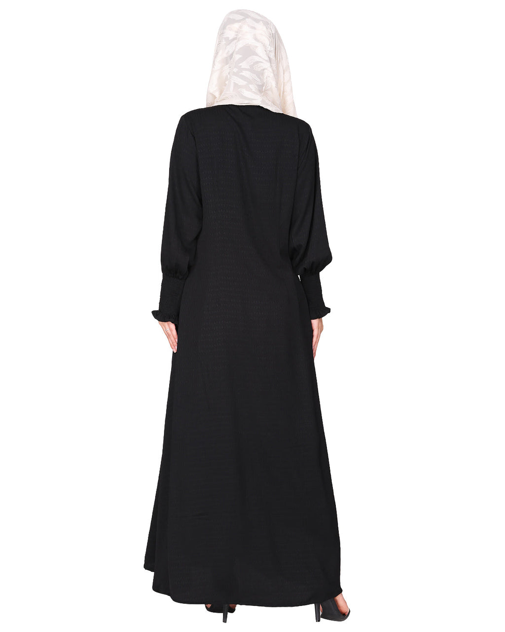 Black Seersucker Nida Abaya with Elastic Sleeves Black