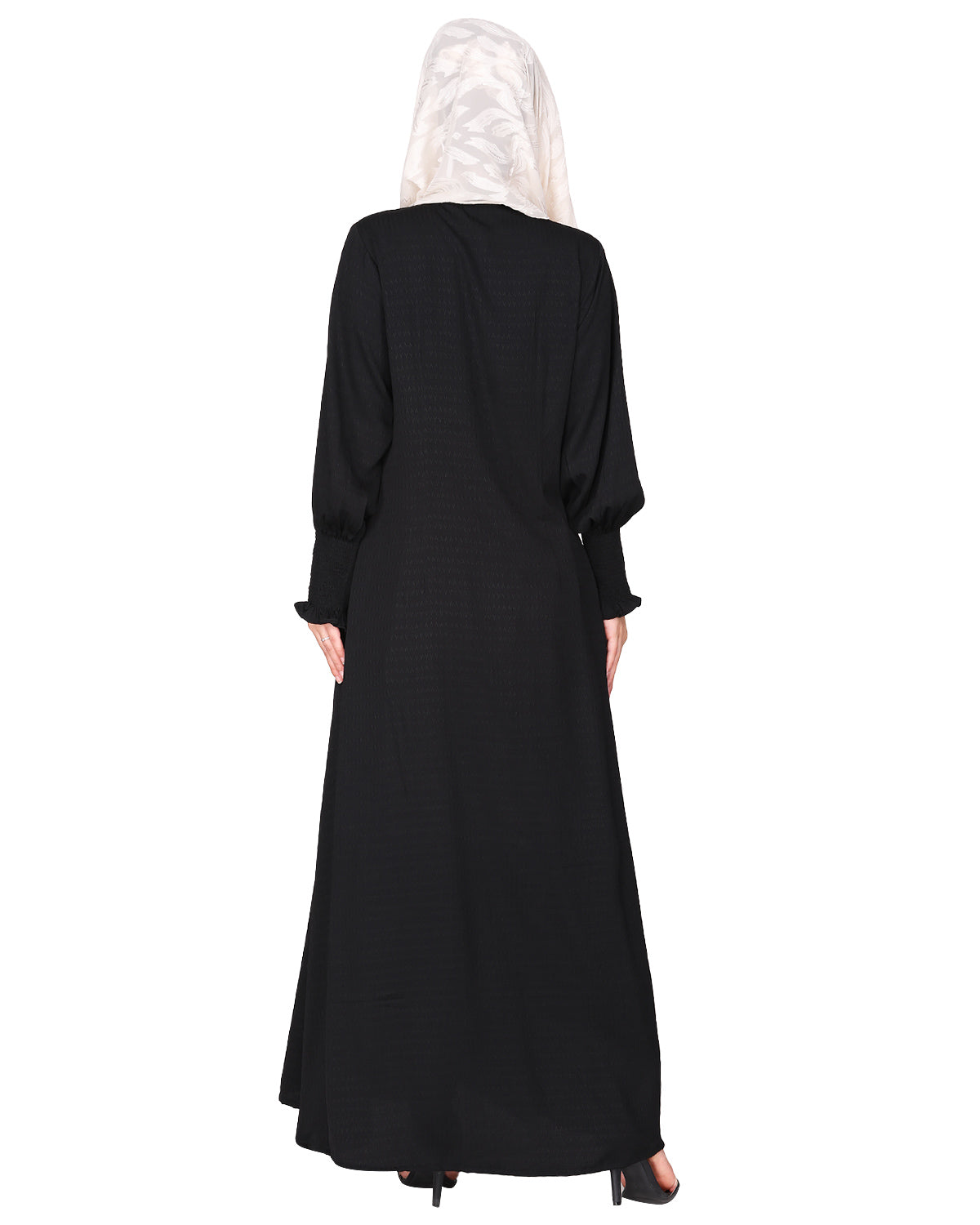 Black Seersucker Nida Abaya with Elastic Sleeves Black