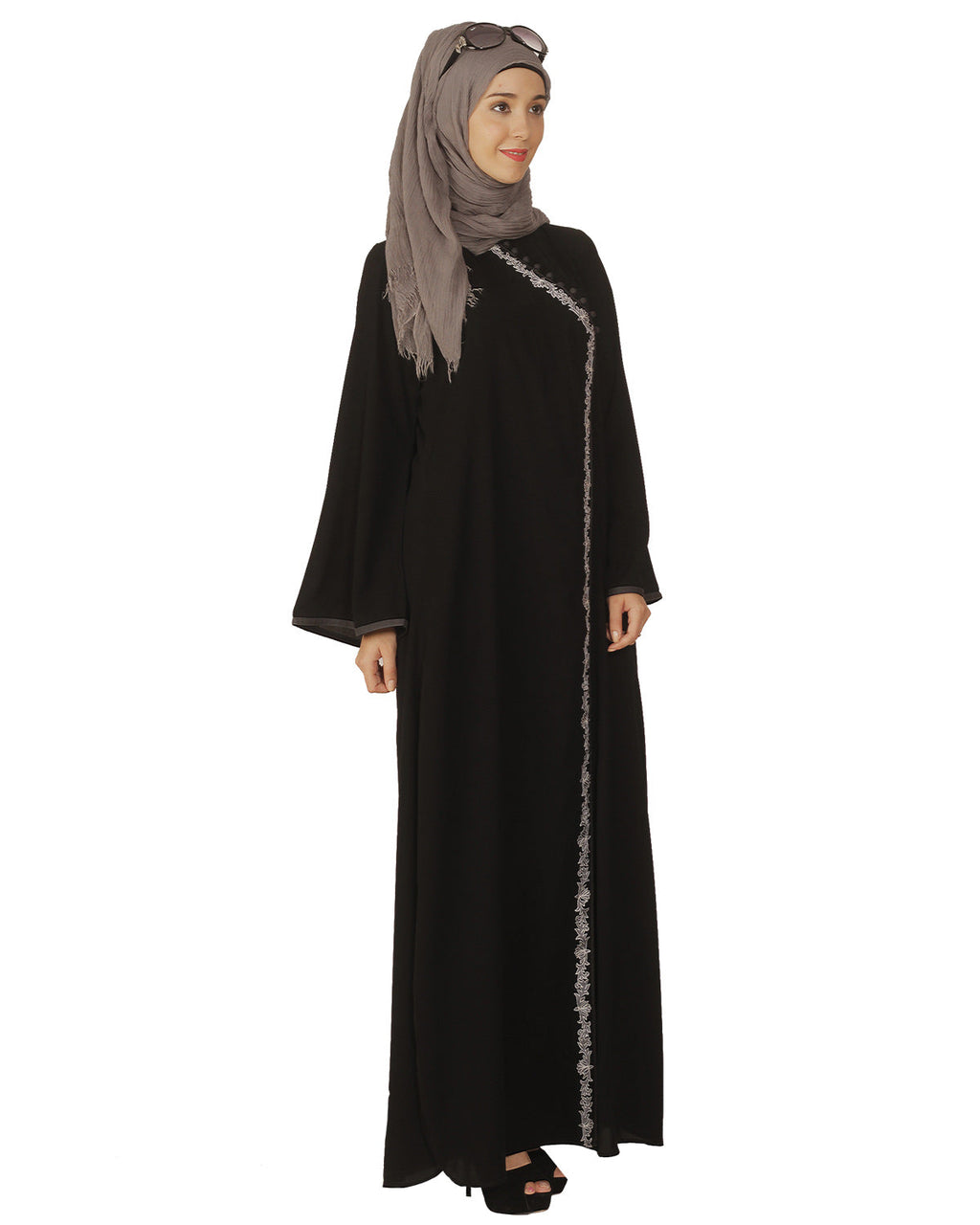 Black Abaya with Grey Thread Embroidery