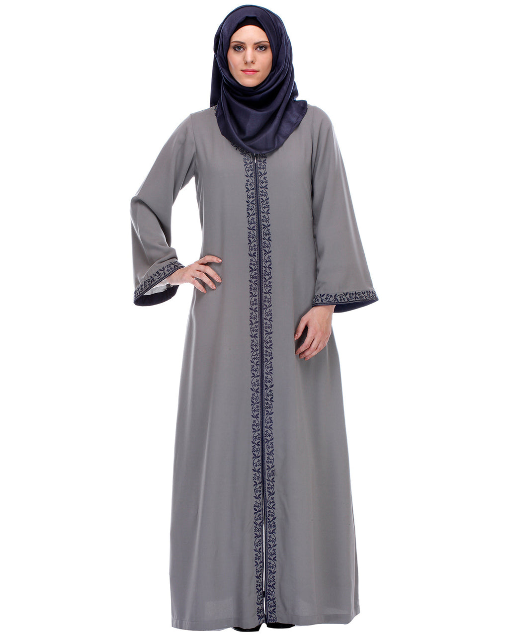 Abaya With Embroidery Grey