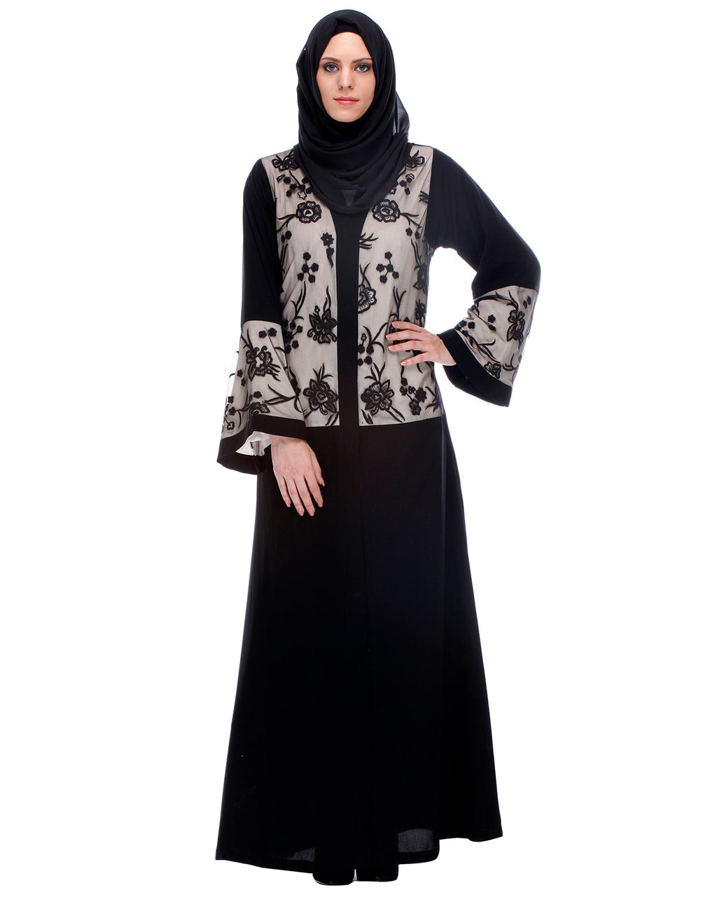 Black Abaya With Net Embroidered Sleeves Black