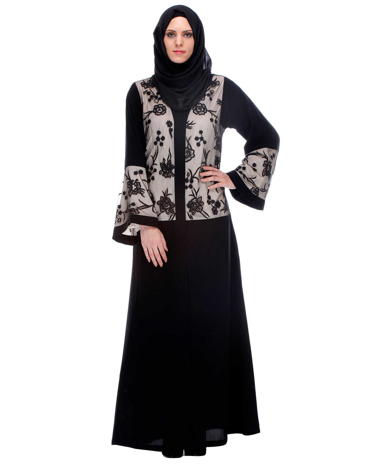 Black Abaya With Net Embroidered Sleeves Black