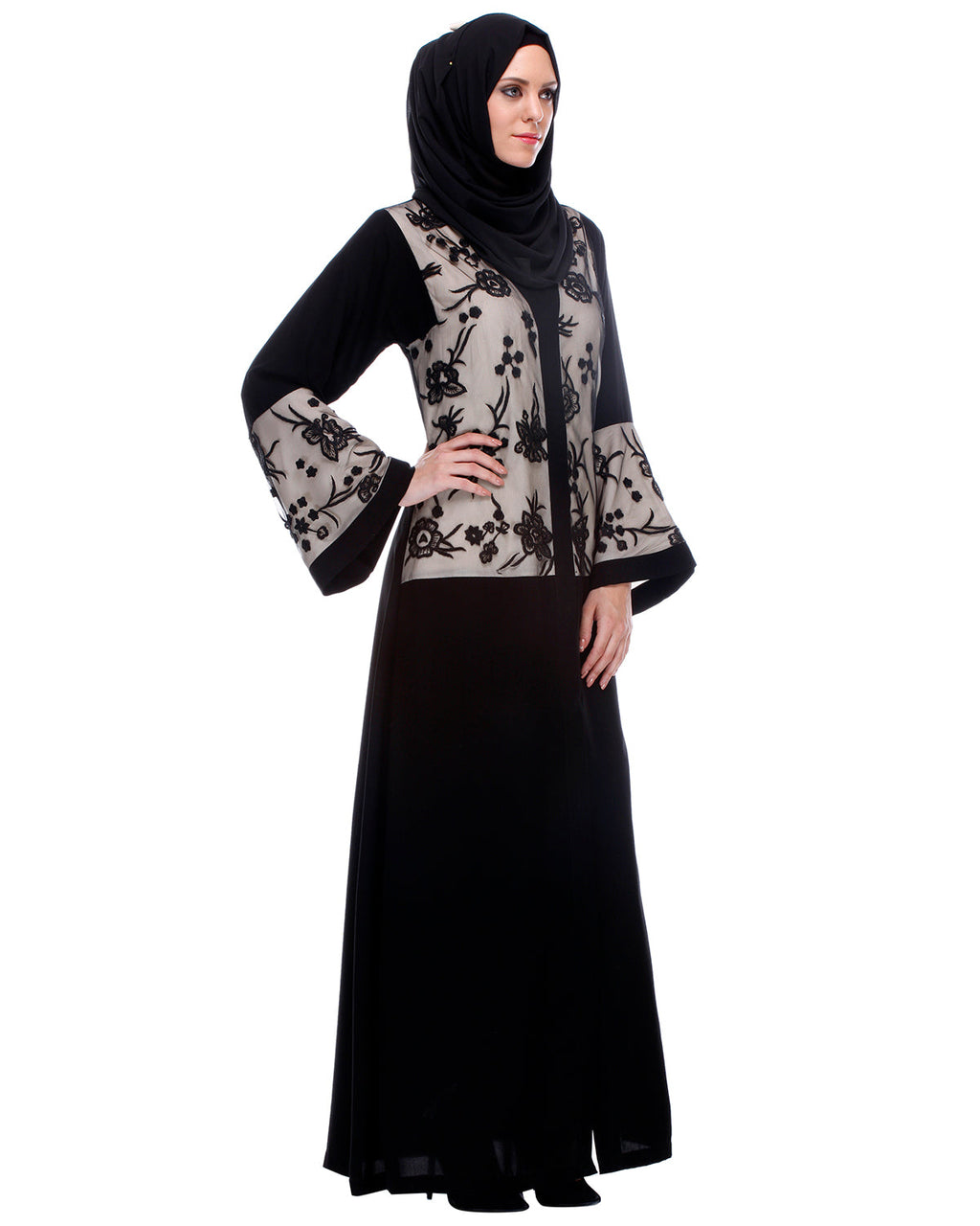 Black Abaya With Net Embroidered Sleeves Black