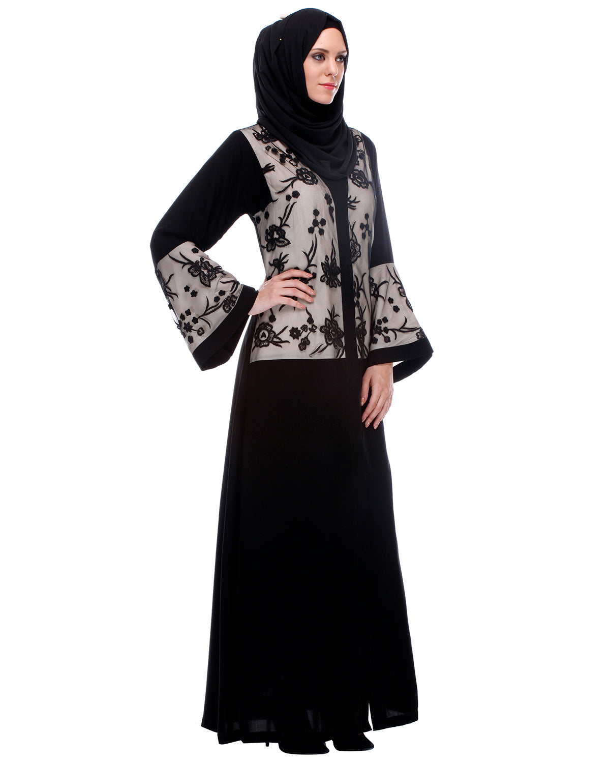 Black Abaya With Net Embroidered Sleeves Black