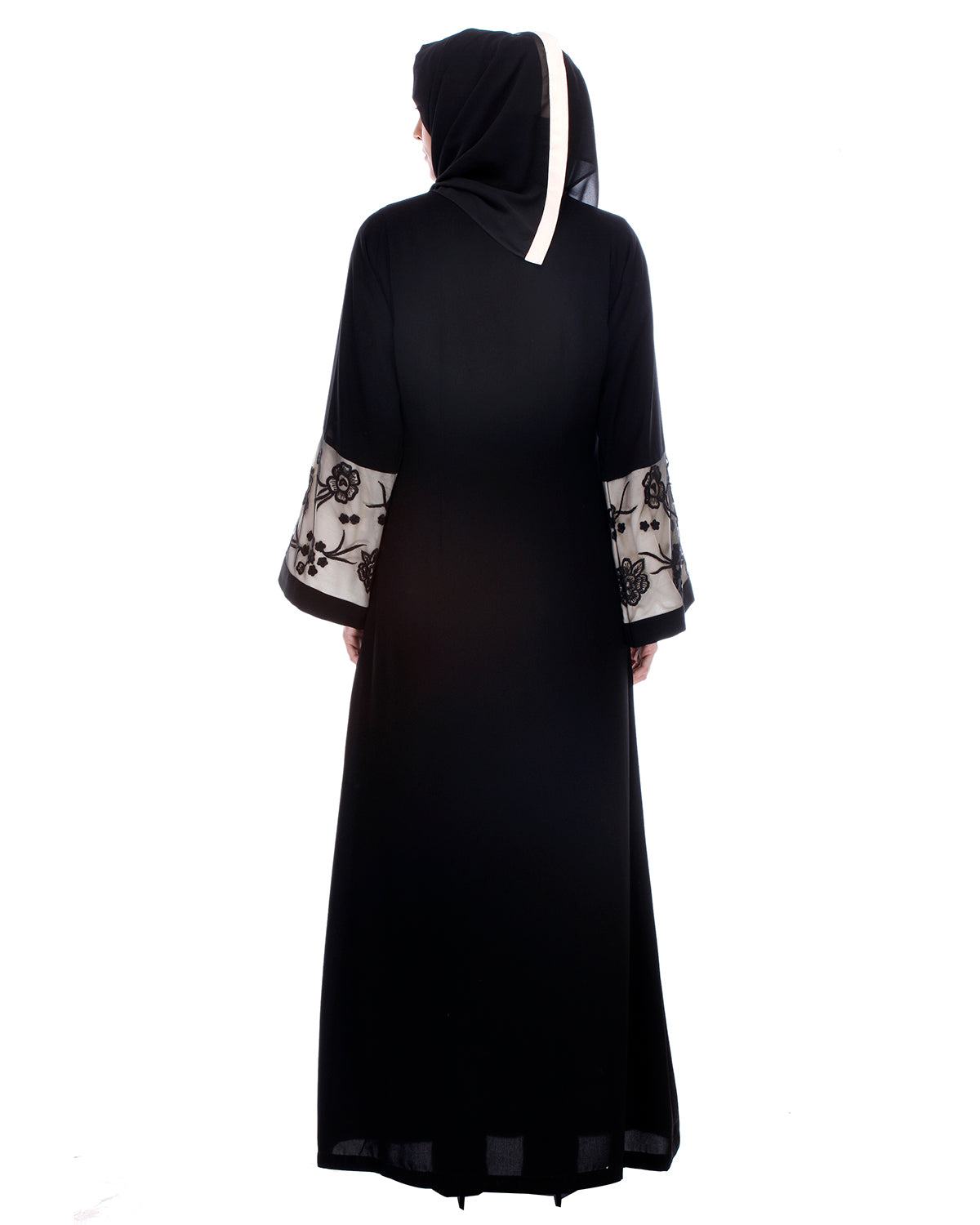 Black Abaya With Net Embroidered Sleeves Black