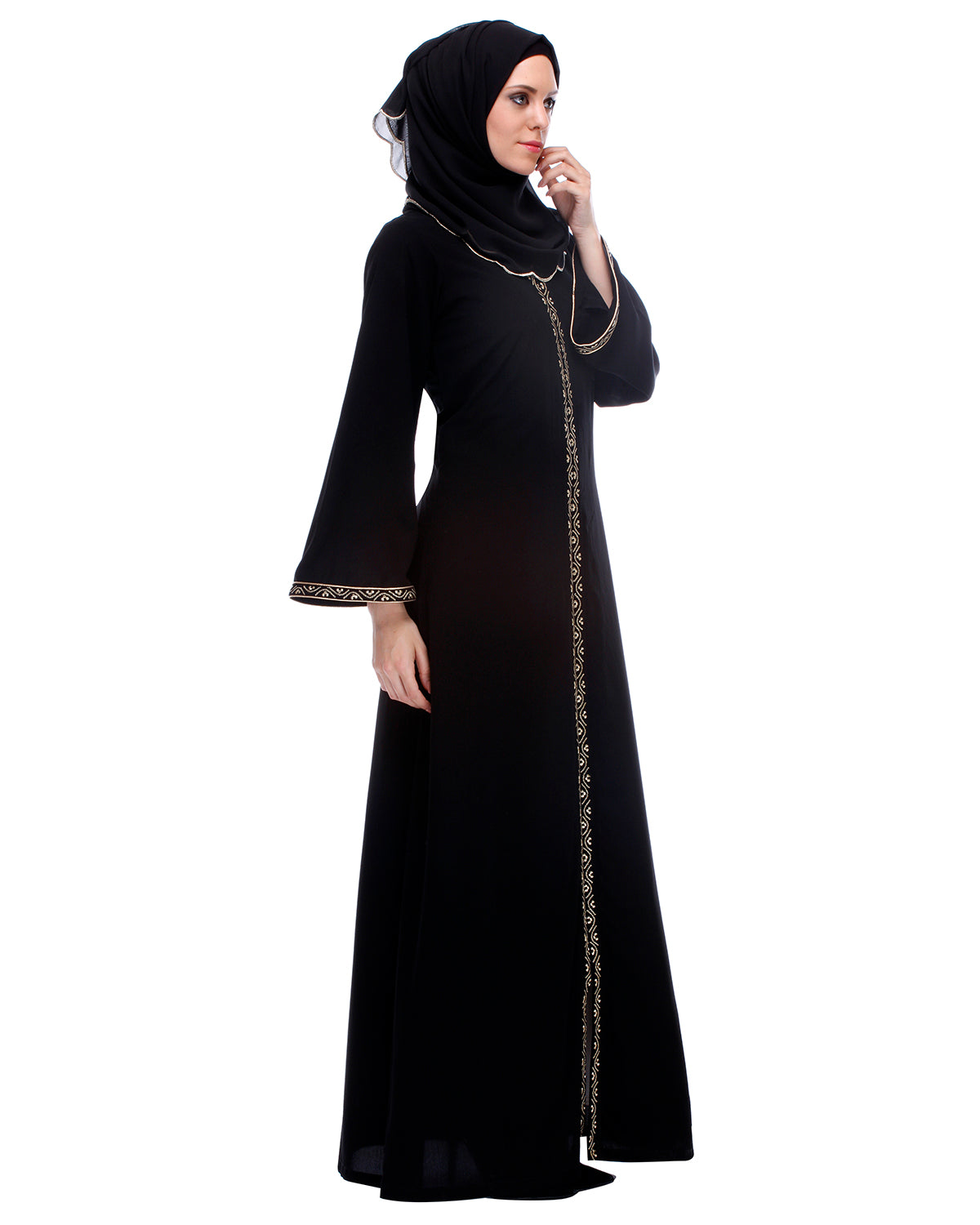 Classic Black Abaya With Golden Zari Embroidery Black