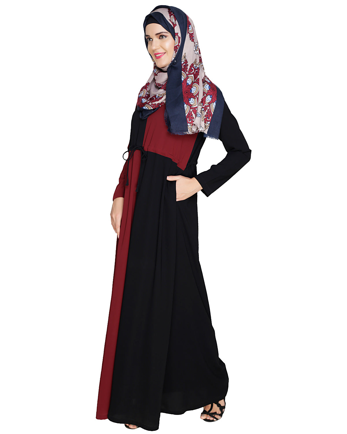 Colour Block Abaya Maroon