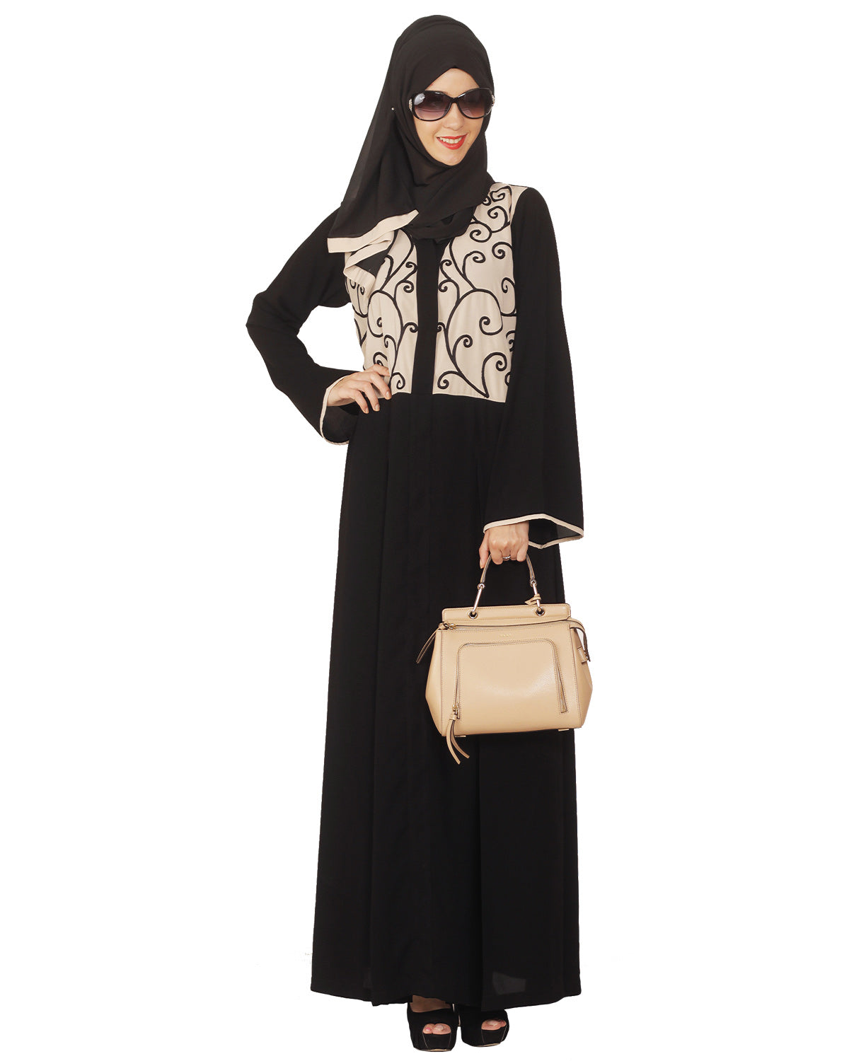 Black and Beige Box Pleated Embroidered Abaya Black