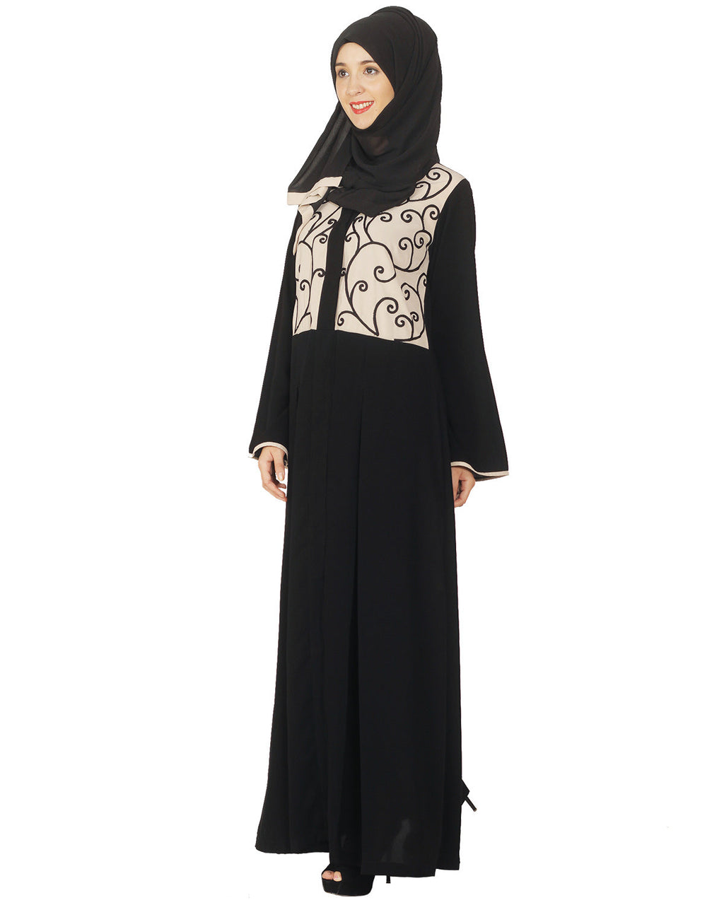 Black and Beige Box Pleated Embroidered Abaya Black