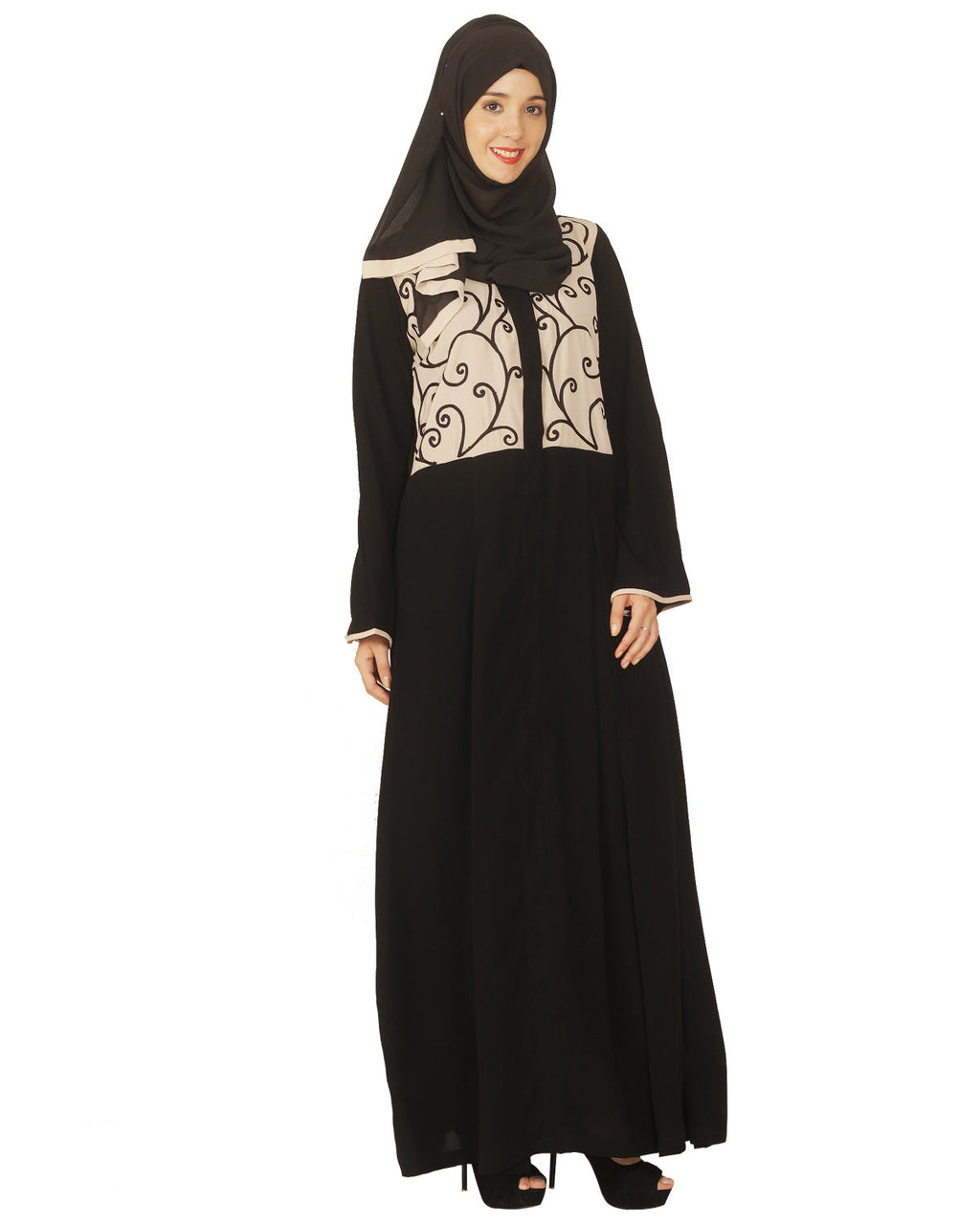 Black and Beige Box Pleated Embroidered Abaya Black