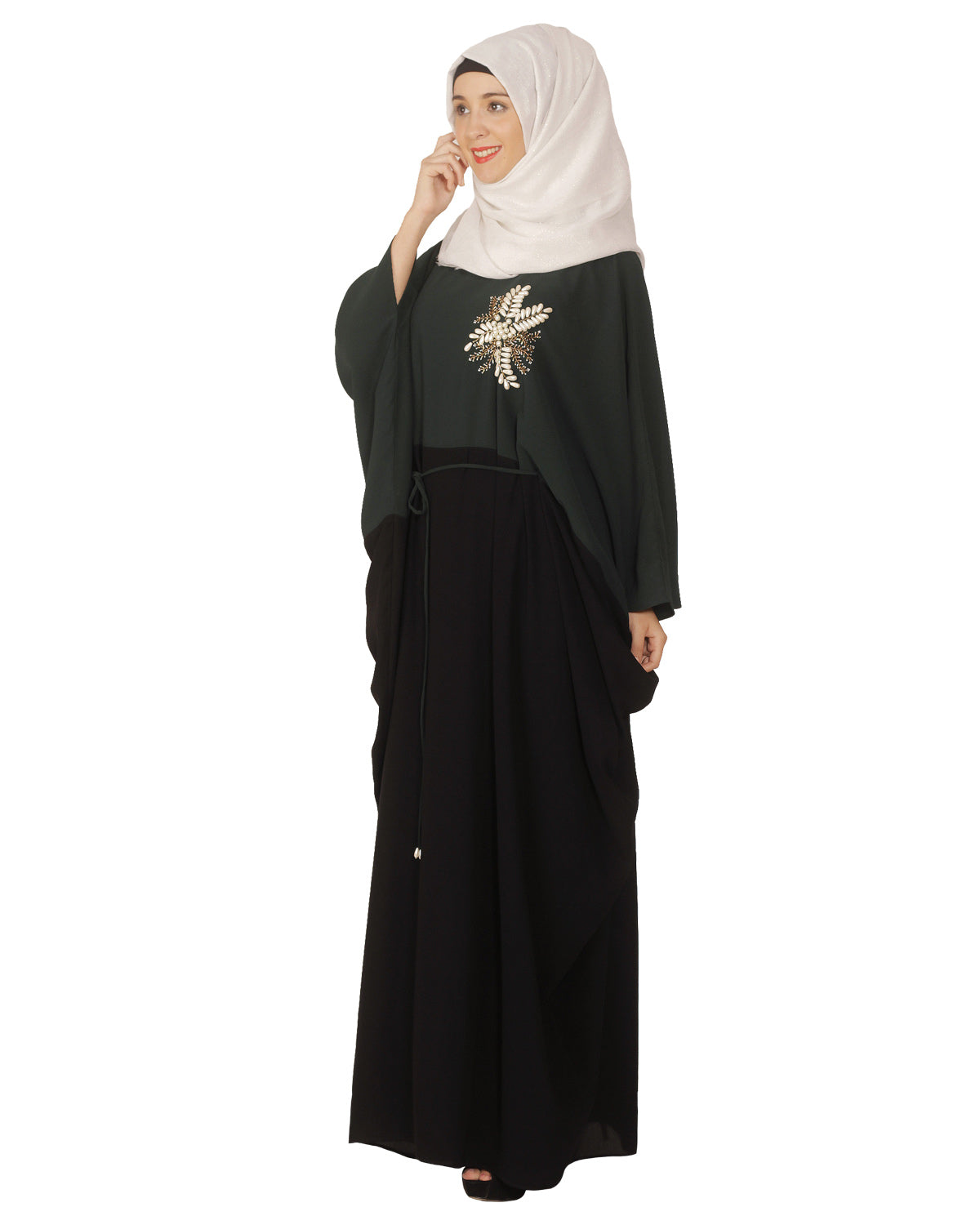Pearl Embroidered Dark Green Kaftan Wine