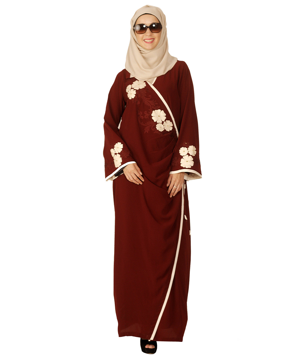Floral Embroidered Open Abaya Maroon