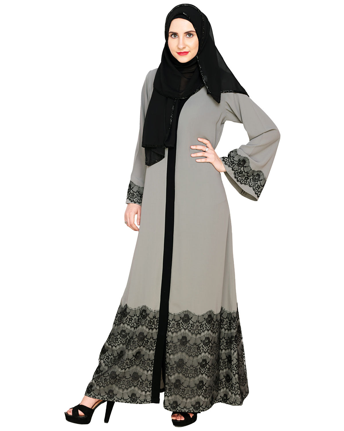 Laced Abaya Grey & Black