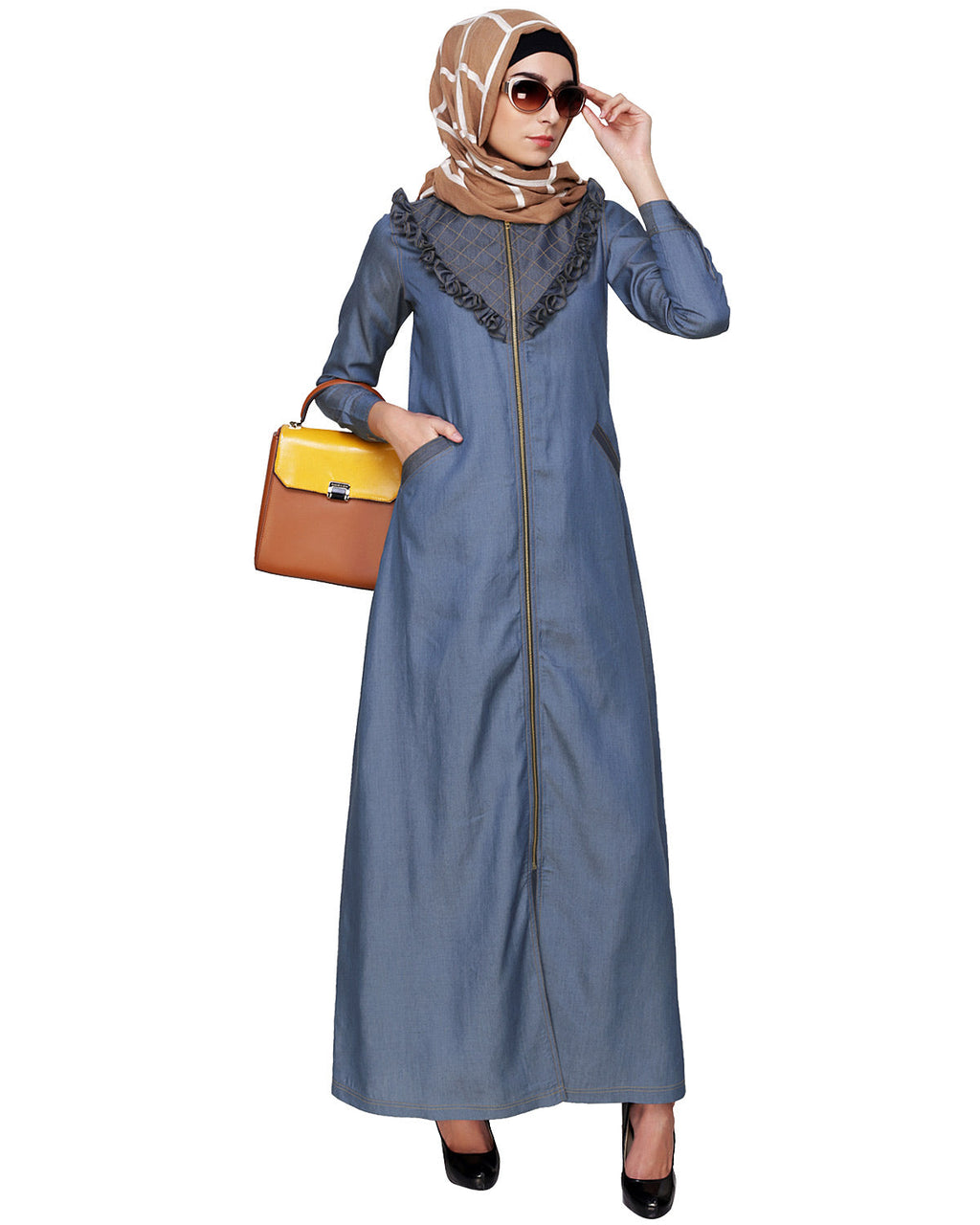 Denim Abaya with Ruffles Yoke Blue