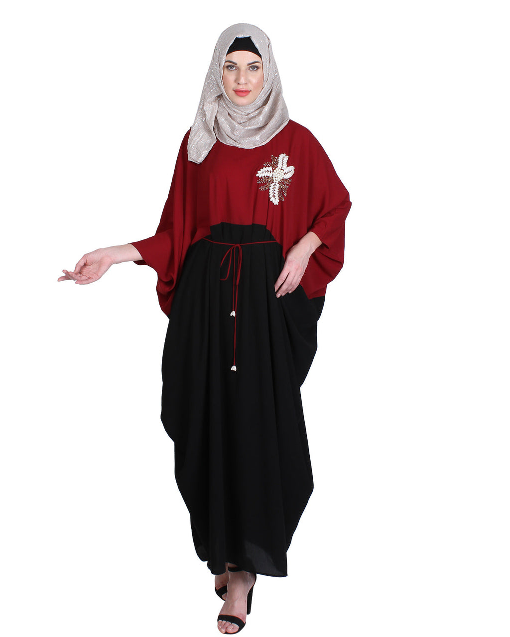 Pearl Embroidered Dark Green Kaftan Wine