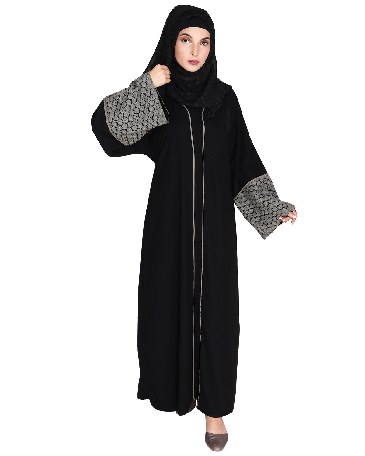 Elegant Crochet Lace Dubai Style Abaya Black