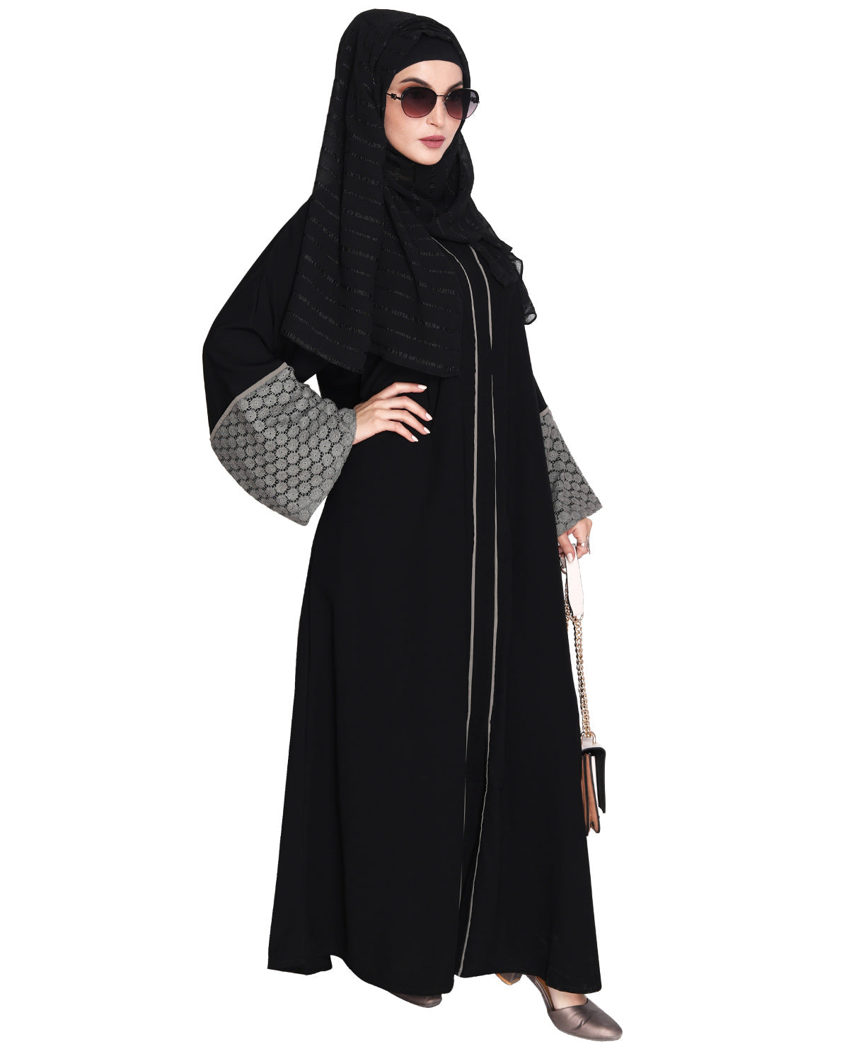 Elegant Crochet Lace Dubai Style Abaya Black