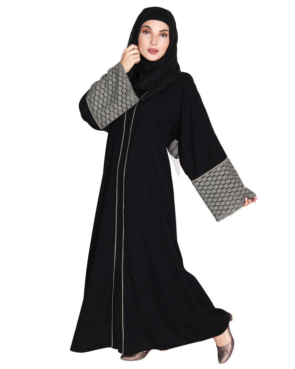 Elegant Crochet Lace Dubai Style Abaya Black