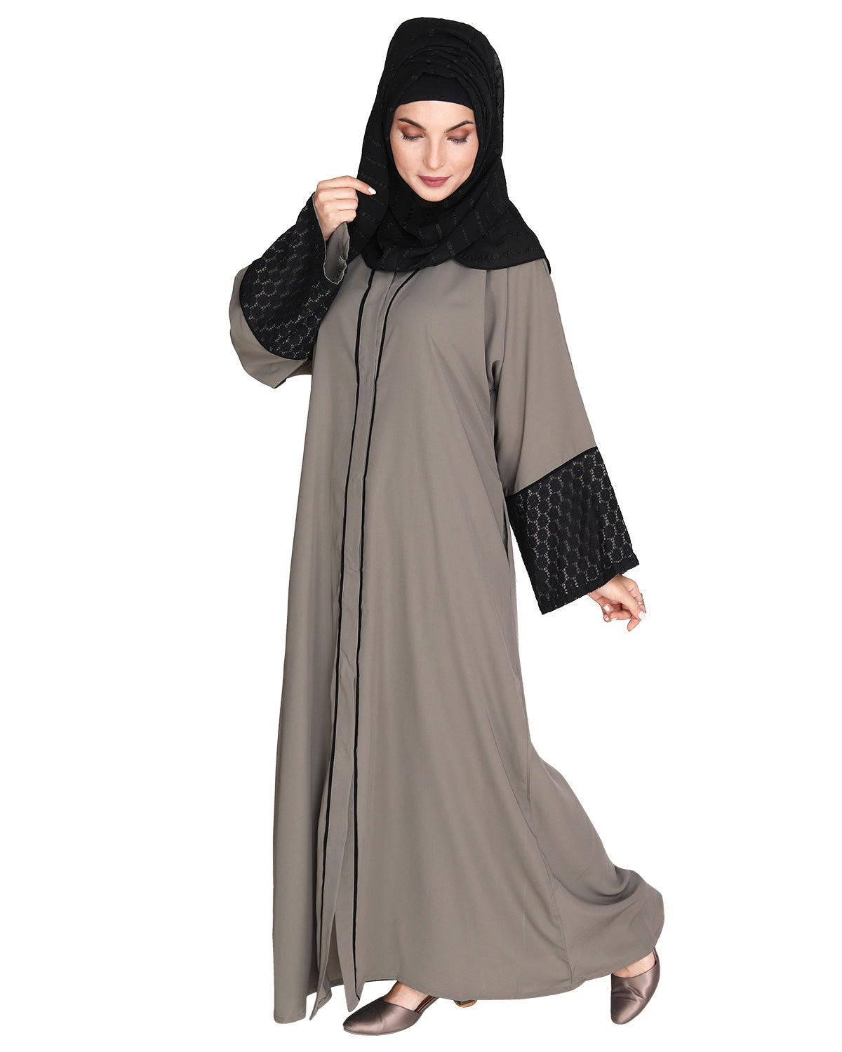Elegant Crochet Lace Dubai Style Abaya Grey