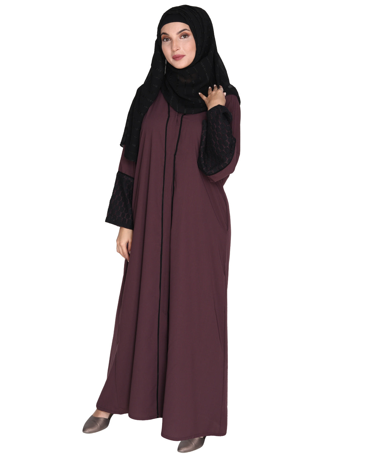 Elegant Crochet Lace Dubai Style Abaya Purple