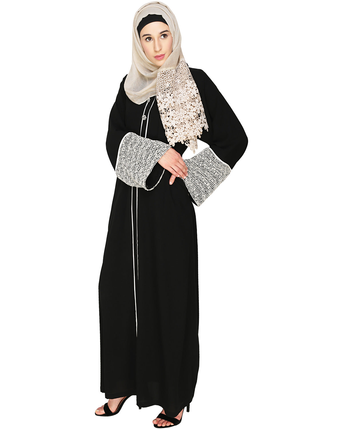 Elegant Crochet Lace Dubai Style Abaya Black
