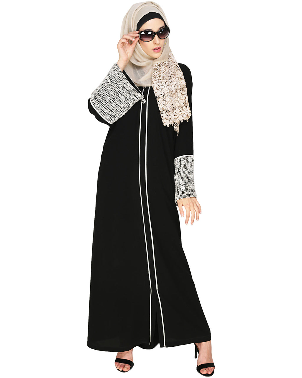 Elegant Crochet Lace Dubai Style Abaya Black