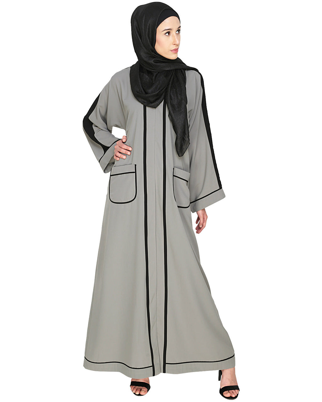 Pocket Dubai Style Abaya with Black detailing Grey