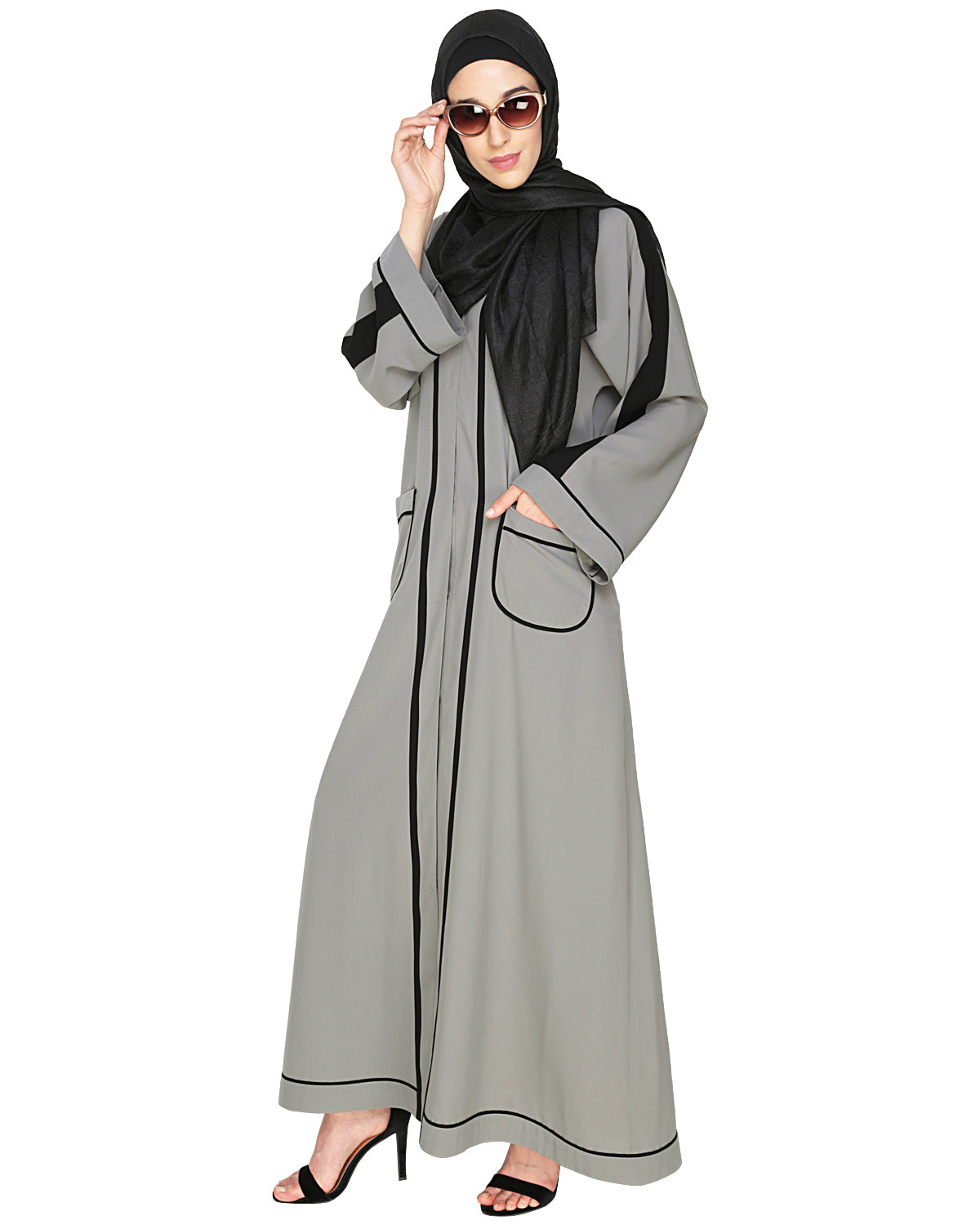 Pocket Dubai Style Abaya with Black detailing Grey