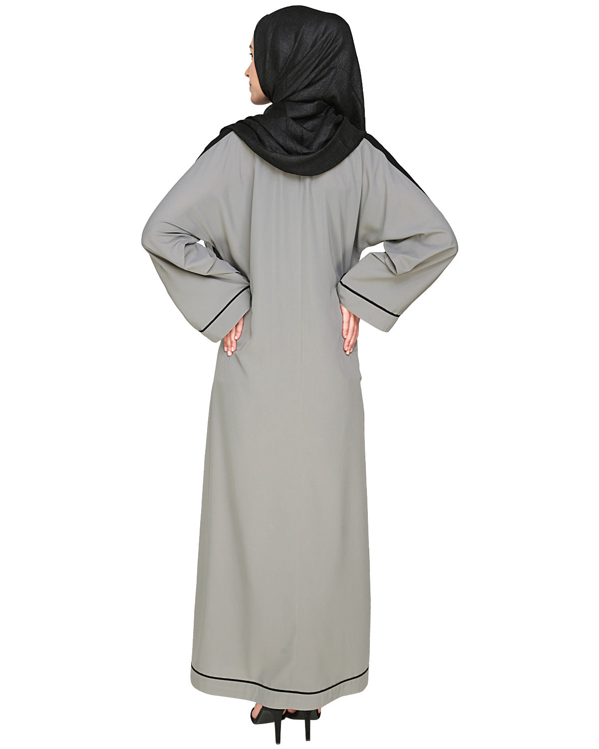 Pocket Dubai Style Abaya with Black detailing Grey
