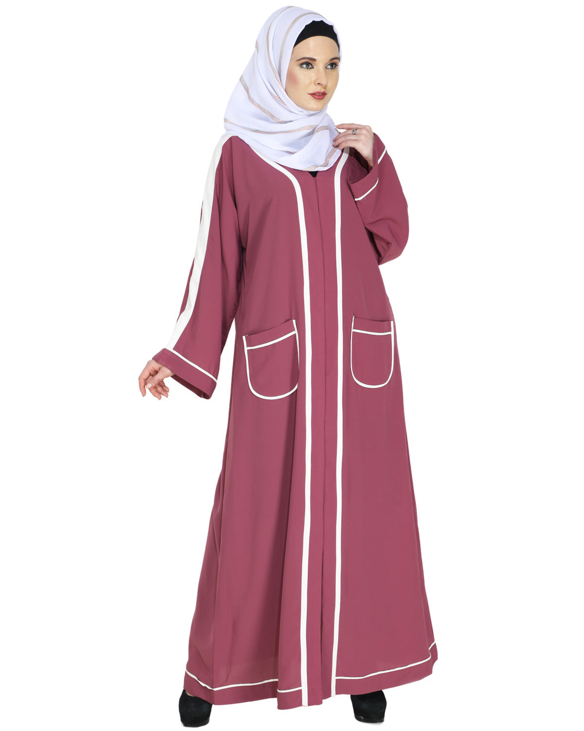 Pocket Dubai Style Abaya with Black detailing Onion Pink