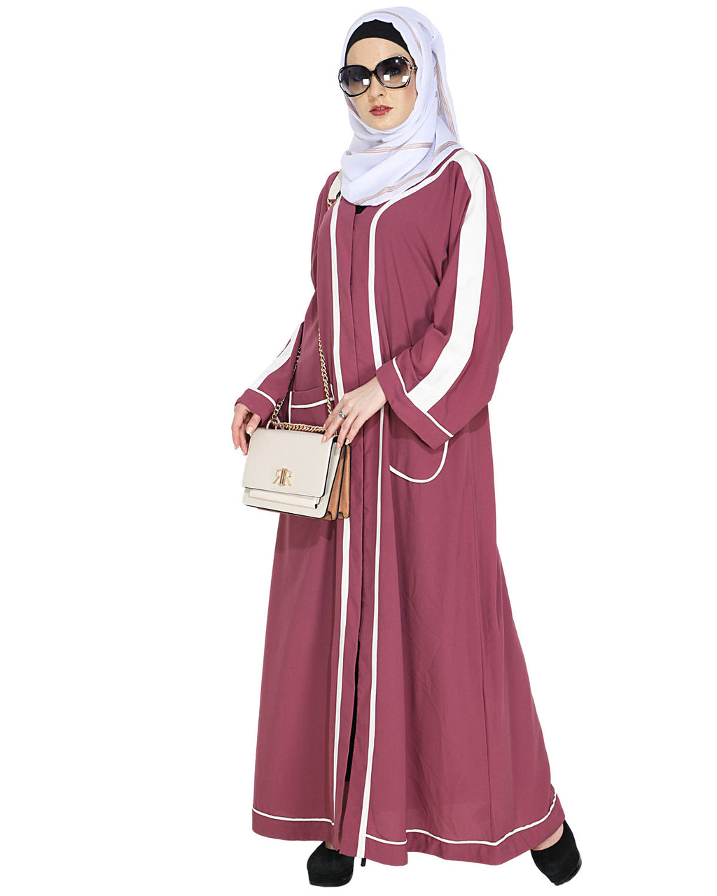 Pocket Dubai Style Abaya with Black detailing Onion Pink