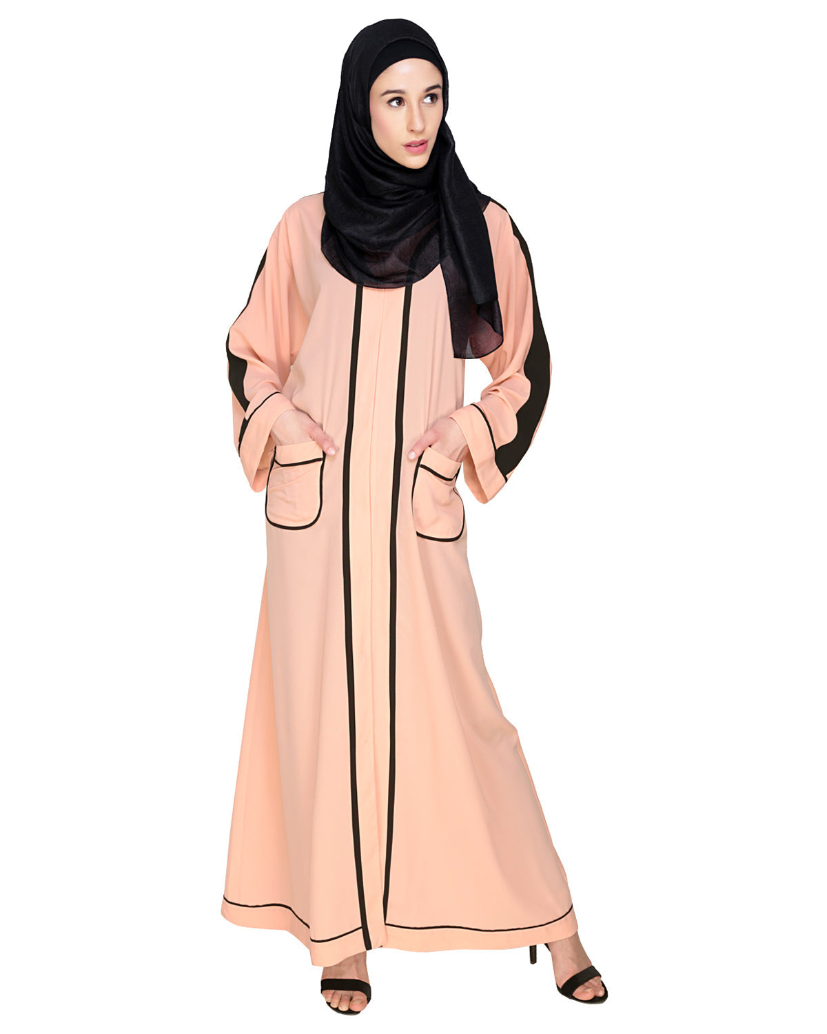 Pocket Dubai Style Abaya with Black detailing Peach