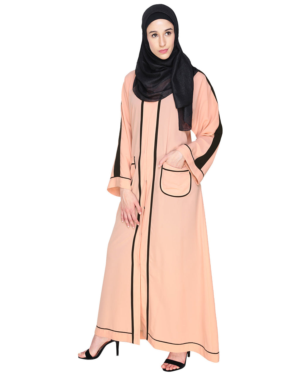 Pocket Dubai Style Abaya with Black detailing Peach