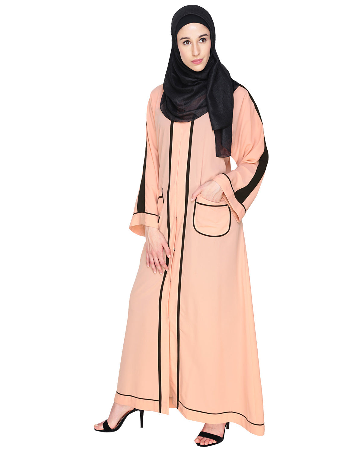 Pocket Dubai Style Abaya with Black detailing Peach
