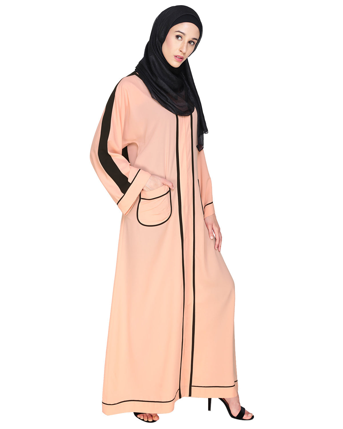 Pocket Dubai Style Abaya with Black detailing Peach