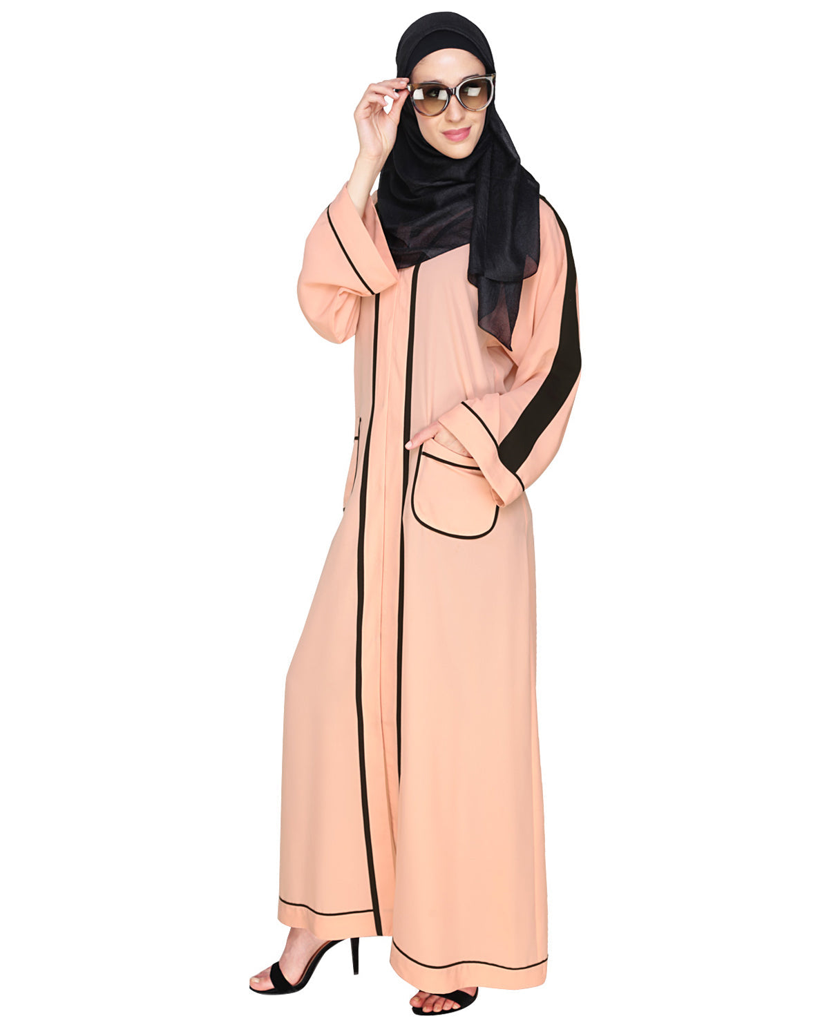Pocket Dubai Style Abaya with Black detailing Peach